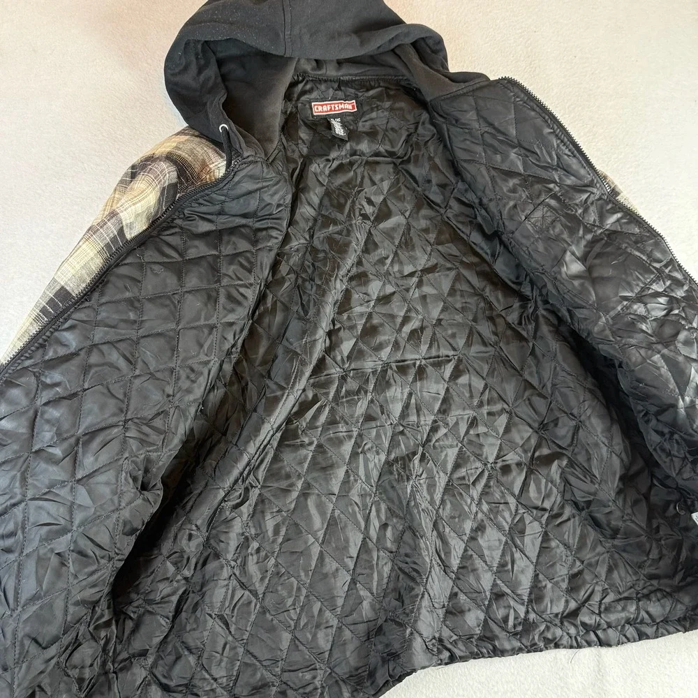 Craftsman Mens XL Hooded Plaid Flannel Jacket Quilted Lined Brown Black Workwear